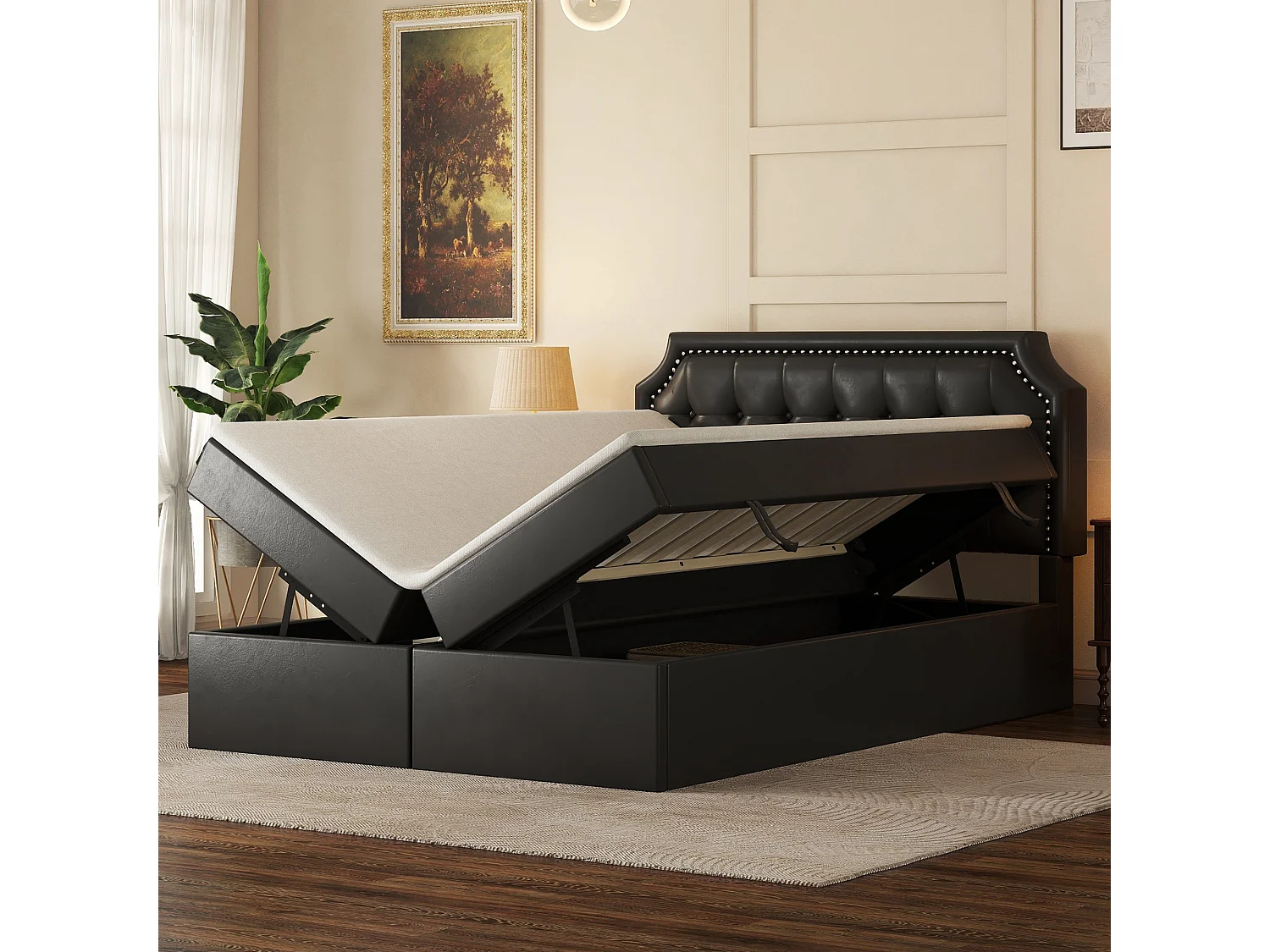 Letto Matrimoniale Imbottito 140x200 Cm Con Rete A Doghe, Testiera In Lino, Nero