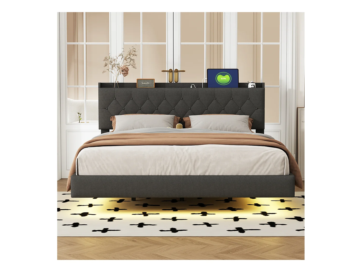 LED zwevend tweepersoonsbed 160x200cm, in linnen stof, met lattenbodem en hoofdbord met USB-oplaadpoort, grijs