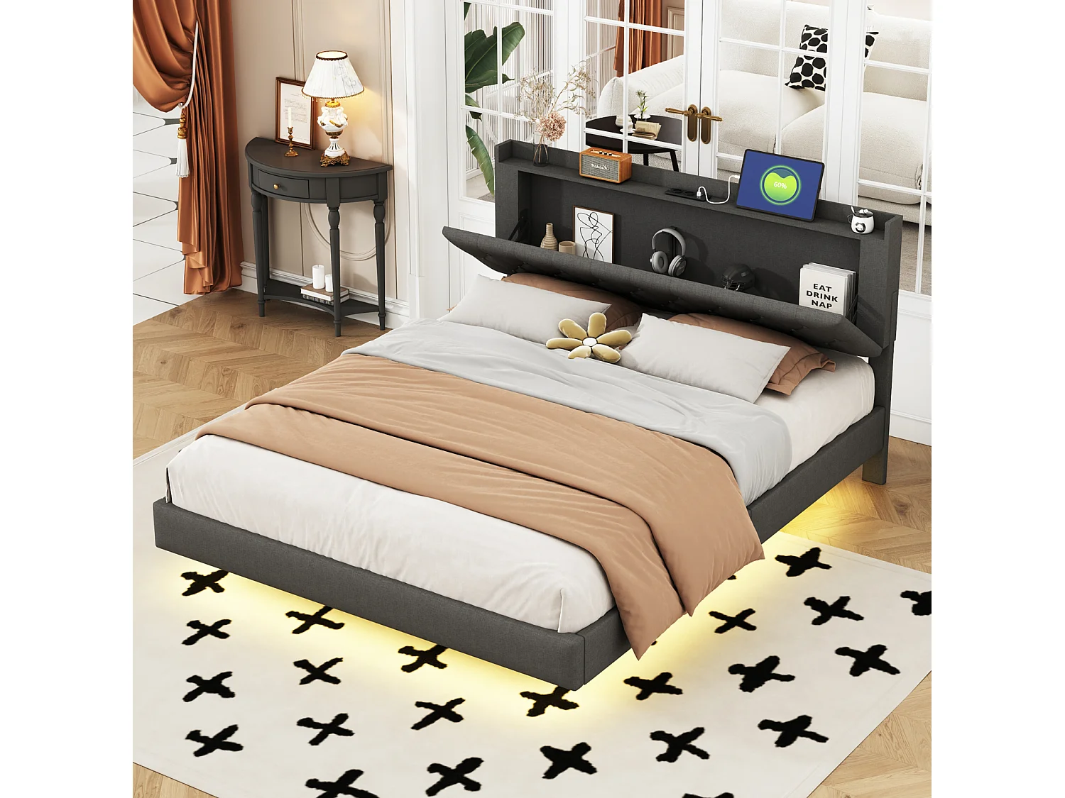 Lit double LED suspendu 160x200cm, en tissu de lin, avec sommier à lattes et tête de lit avec port de chargement USB, gris