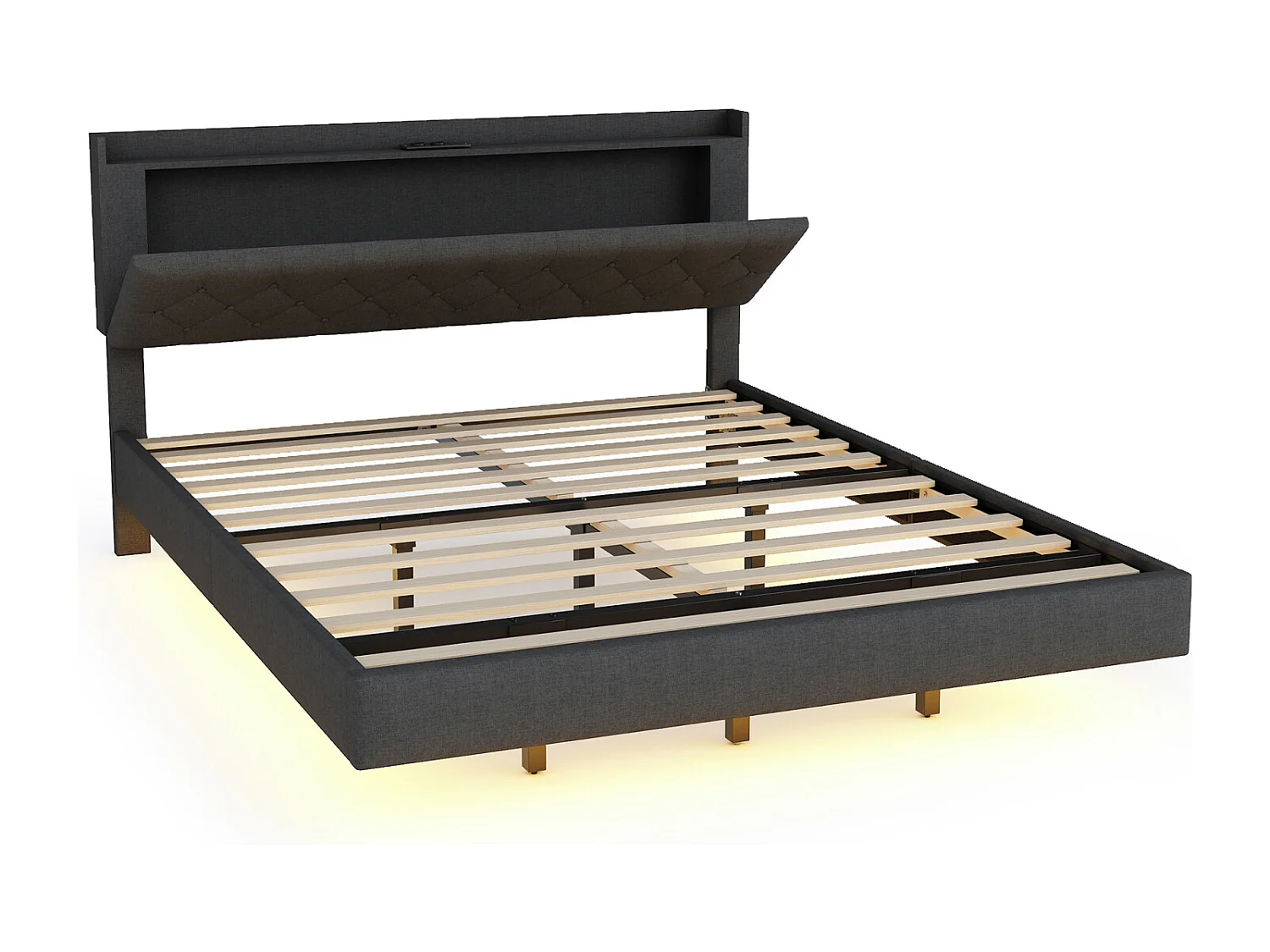 Lit double LED suspendu 160x200cm, en tissu de lin, avec sommier à lattes et tête de lit avec port de chargement USB, gris