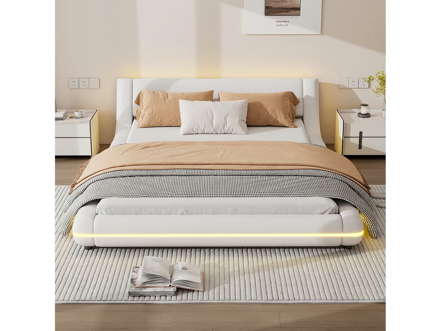 Erwachsenenbett 140x200cm – Polsterbett mit LED-Beleuchtung, Lattenrost, Bodenbett, PU, Doppelbett im zeitgenössischen Stil – weiß