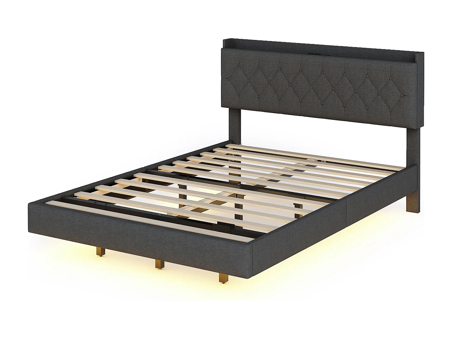 Hängendes LED-Doppelbett 140 x 200 cm, aus Leinenstoff, mit Lattenrost und Kopfteil mit USB-Ladeanschluss, grau