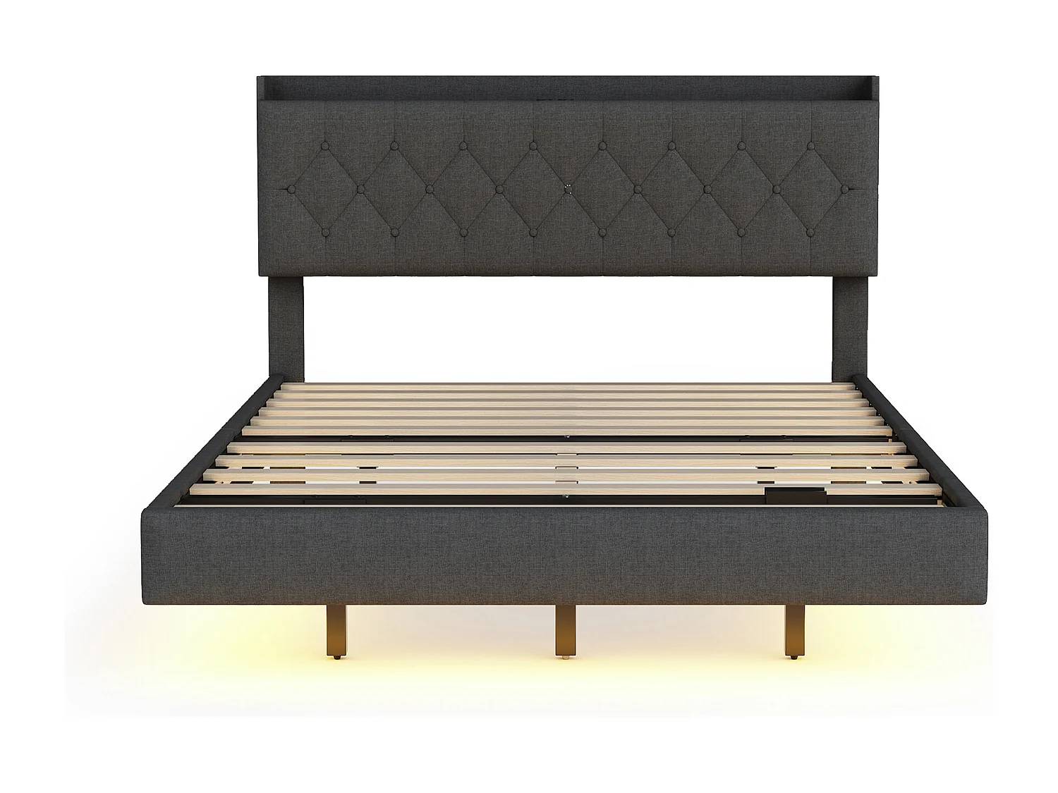 Hängendes LED-Doppelbett 140 x 200 cm, aus Leinenstoff, mit Lattenrost und Kopfteil mit USB-Ladeanschluss, grau