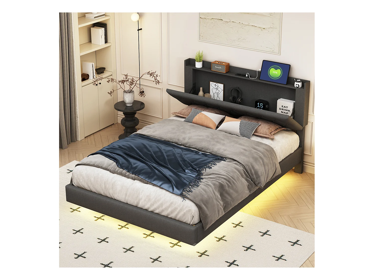 Lit double LED suspendu 140x200cm, en tissu de lin, avec sommier à lattes et tête de lit avec port de chargement USB, gris