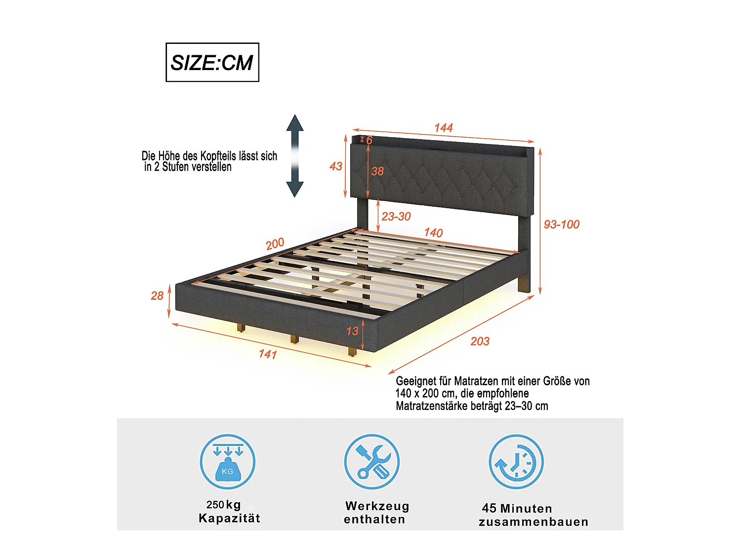 Lit double LED suspendu 140x200cm, en tissu de lin, avec sommier à lattes et tête de lit avec port de chargement USB, gris