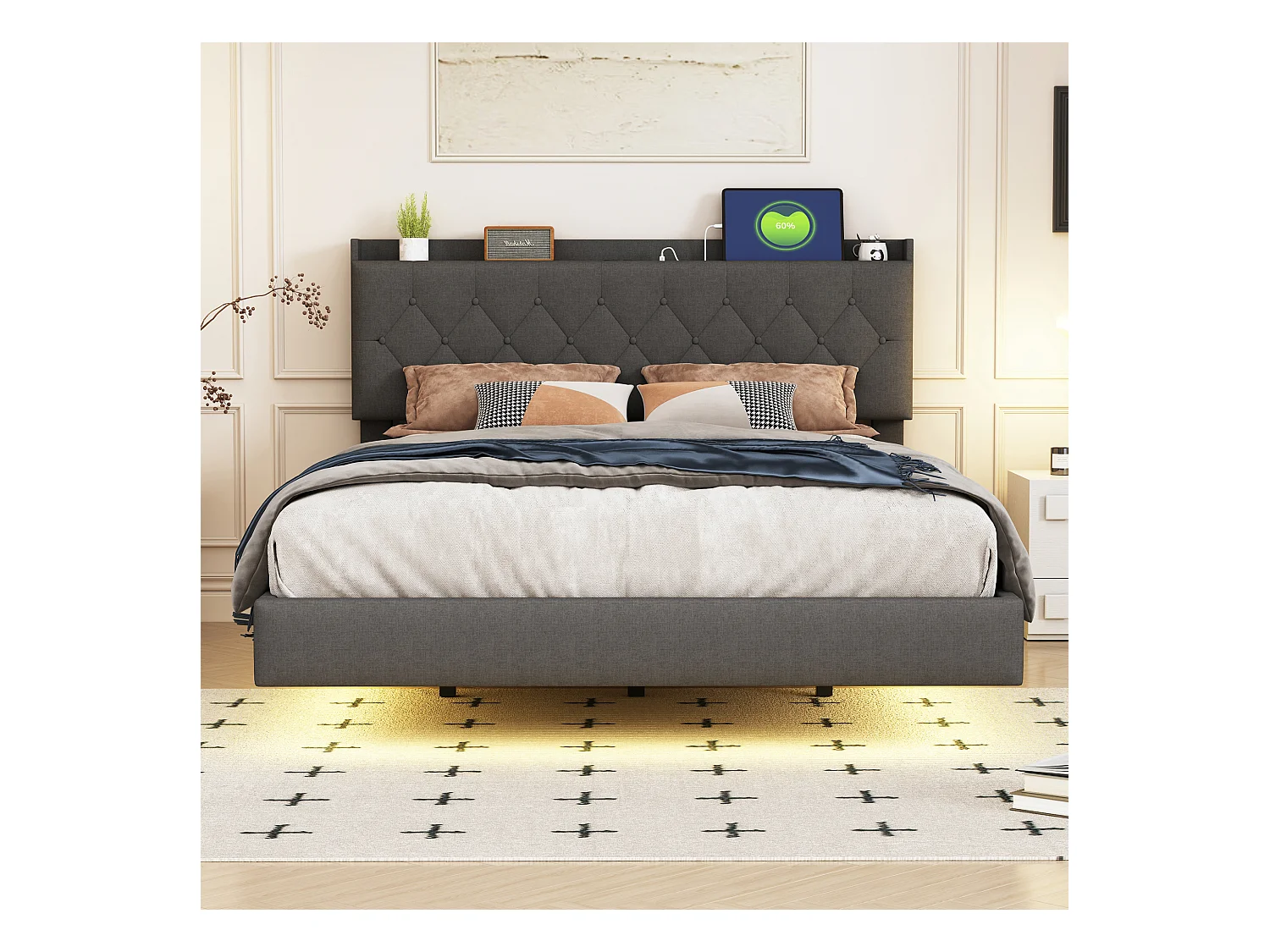 Lit double LED suspendu 140x200cm, en tissu de lin, avec sommier à lattes et tête de lit avec port de chargement USB, gris