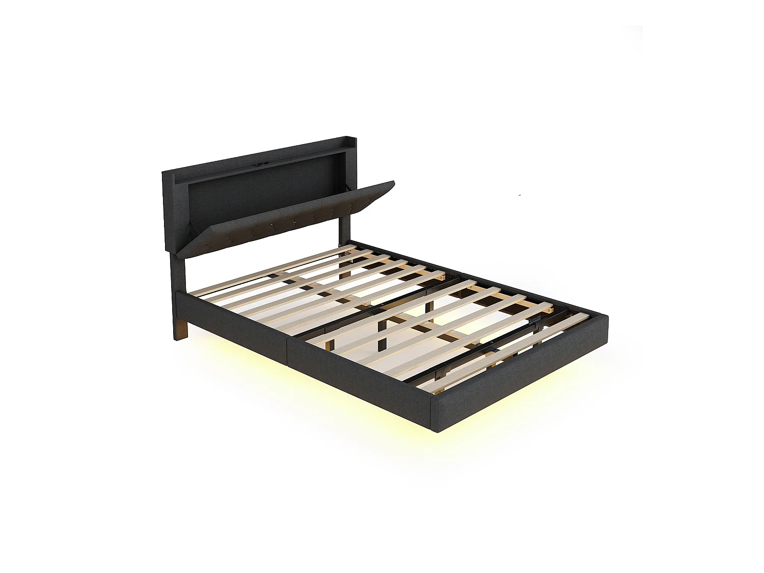 Lit double LED suspendu 140x200cm, en tissu de lin, avec sommier à lattes et tête de lit avec port de chargement USB, gris