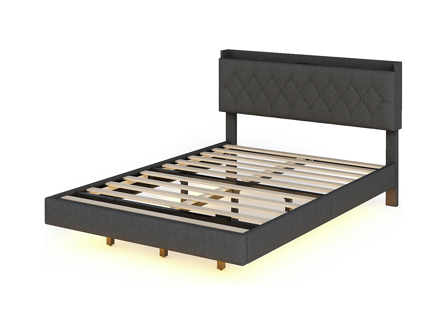 Lit double LED suspendu 140x200cm, en tissu de lin, avec sommier à lattes et tête de lit avec port de chargement USB, gris