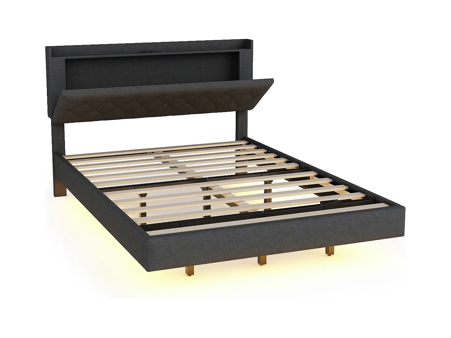 Lit double LED suspendu 140x200cm, en tissu de lin, avec sommier à lattes et tête de lit avec port de chargement USB, gris