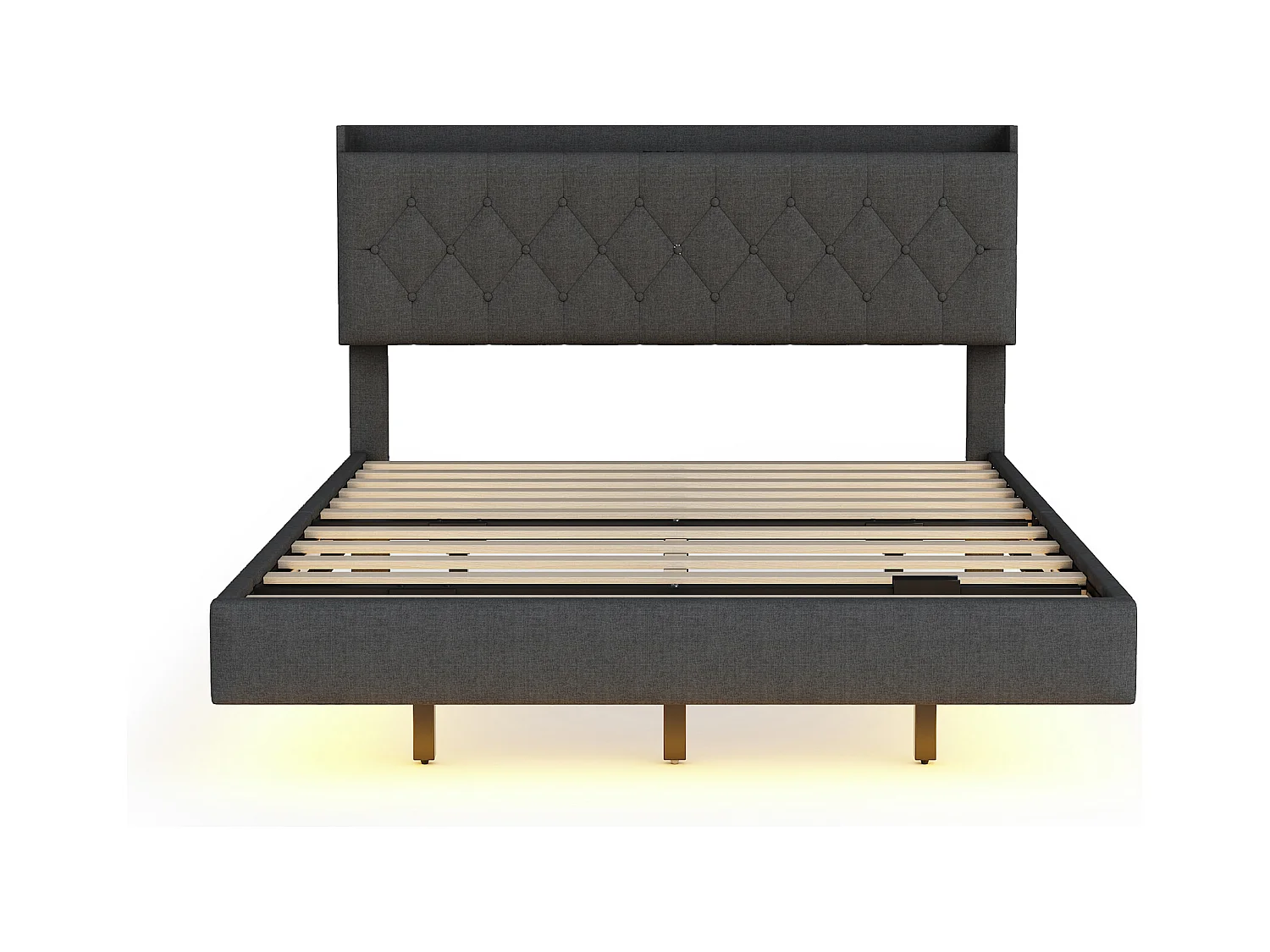 Lit double LED suspendu 140x200cm, en tissu de lin, avec sommier à lattes et tête de lit avec port de chargement USB, gris