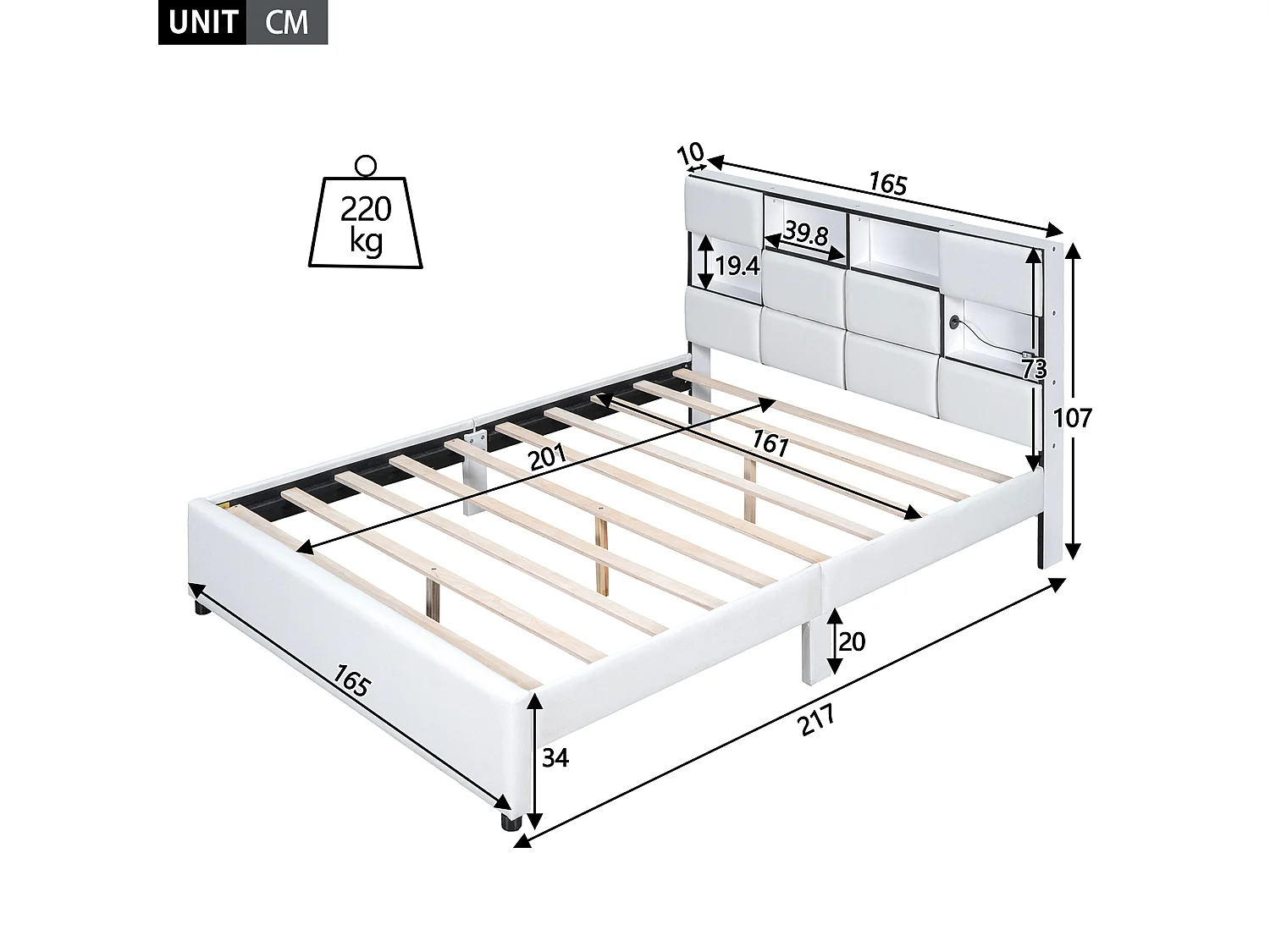 Letto adulto matrimoniale con LED ambientale, letto piano con rete a doghe e testiera con porta USB, beige 160x200 cm