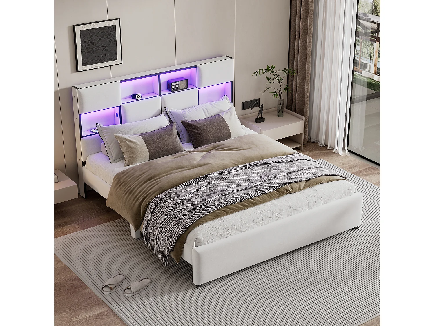 Letto adulto matrimoniale con LED ambientale, letto piano con rete a doghe e testiera con porta USB, beige 160x200 cm