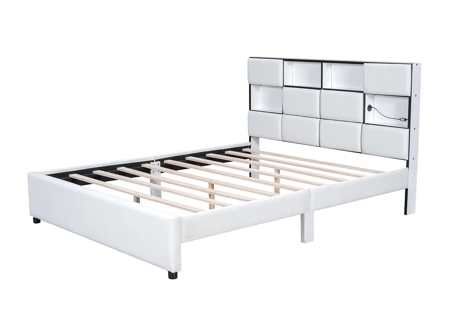 Letto adulto matrimoniale con LED ambientale, letto piano con rete a doghe e testiera con porta USB, beige 160x200 cm