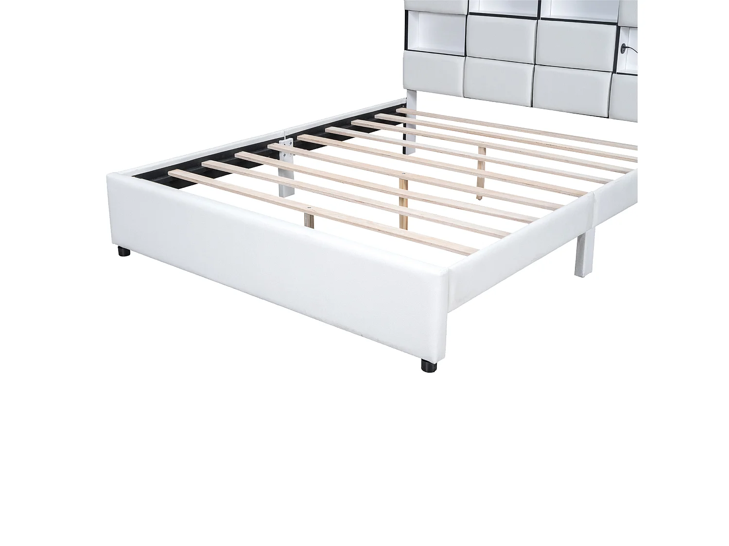 Letto adulto matrimoniale con LED ambientale, letto piano con rete a doghe e testiera con porta USB, beige 160x200 cm