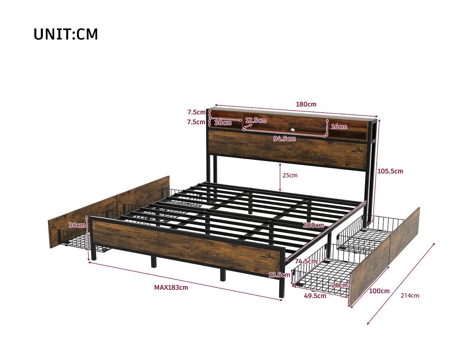 Erwachsenenbett mit 4 Schubladen, Lattenrost, LED-Kopfteil mit USB-Lade- und Aufbewahrungsfunktion, MDF + Metall, braun 180x200cm
