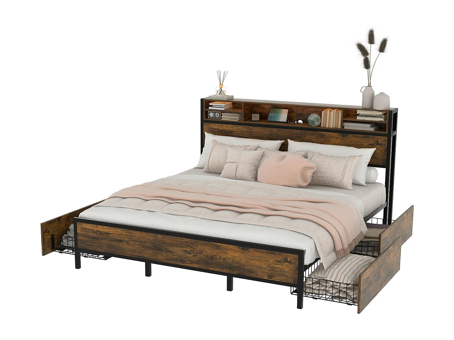 Erwachsenenbett mit 4 Schubladen, Lattenrost, LED-Kopfteil mit USB-Lade- und Aufbewahrungsfunktion, MDF + Metall, braun 180x200cm