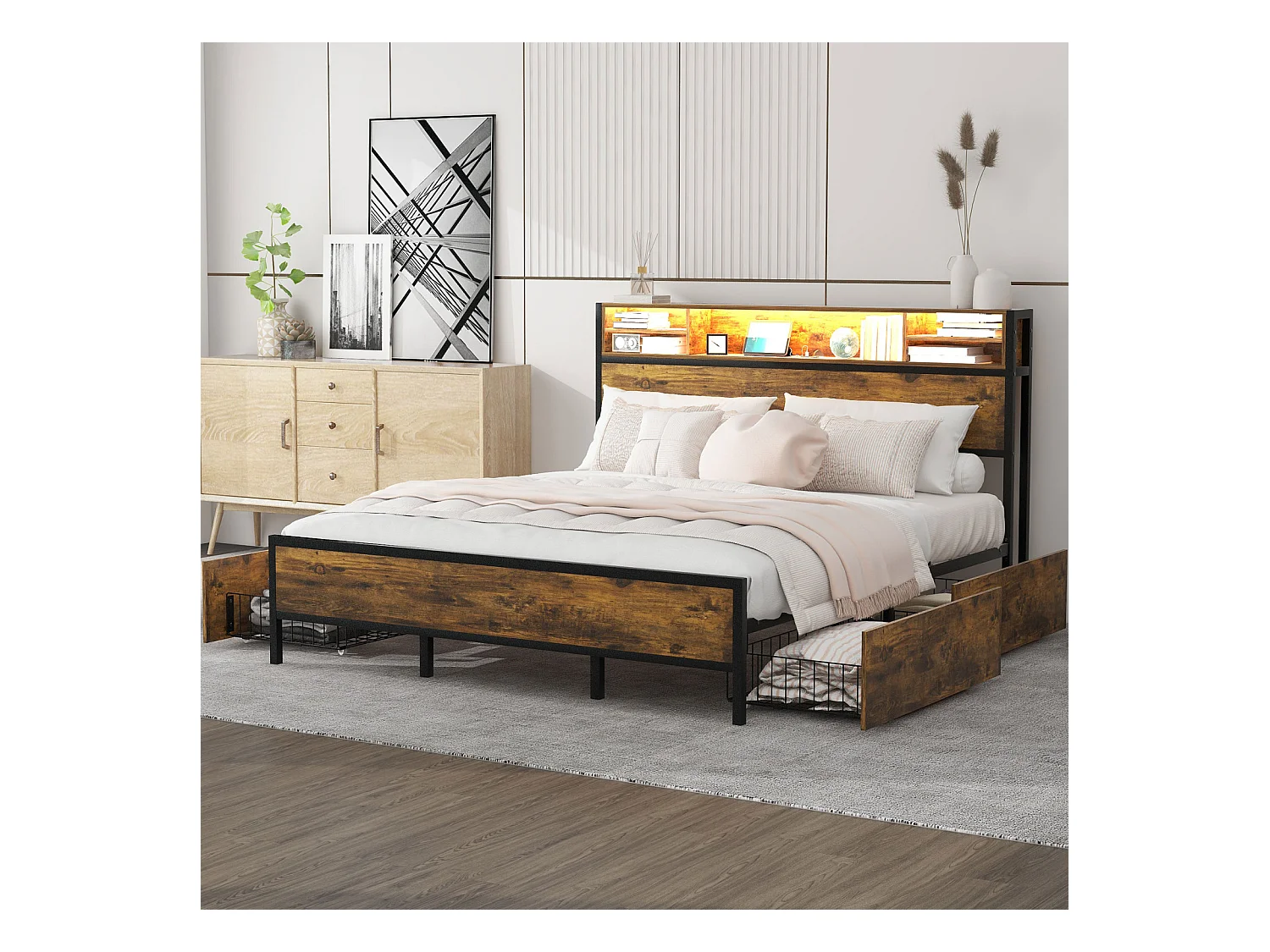 Letto per adulti con 4 cassetti, rete a doghe, testiera LED con funzione di ricarica e archiviazione USB, MDF + metallo, marrone 180x200 cm