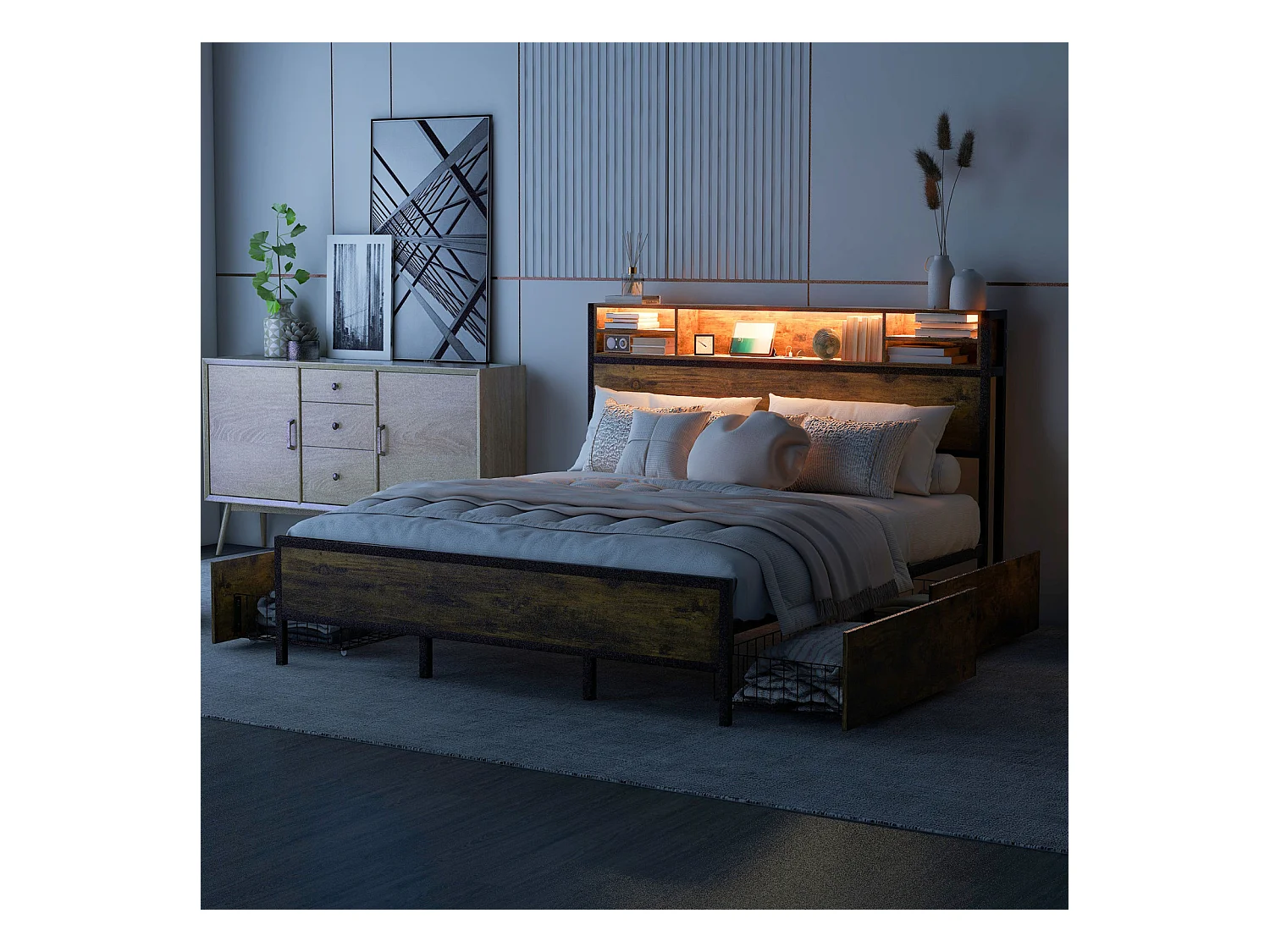 Lit adulte avec 4 tiroirs, sommier à lattes, tête de lit LED avec chargement USB et fonction rangement, MDF+métal, marron 180x200cm