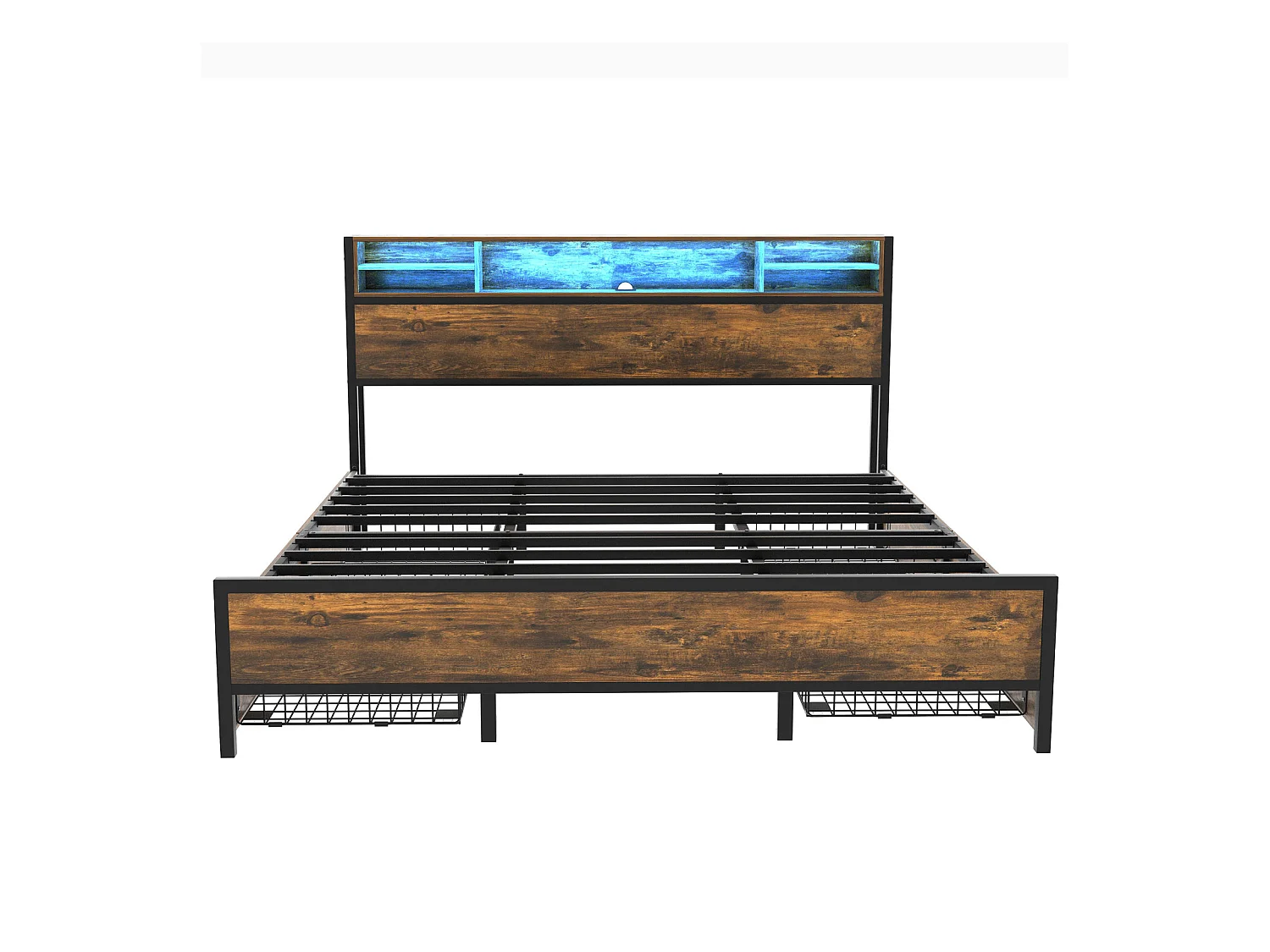 Lit adulte avec 4 tiroirs, sommier à lattes, tête de lit LED avec chargement USB et fonction rangement, MDF+métal, marron 180x200cm