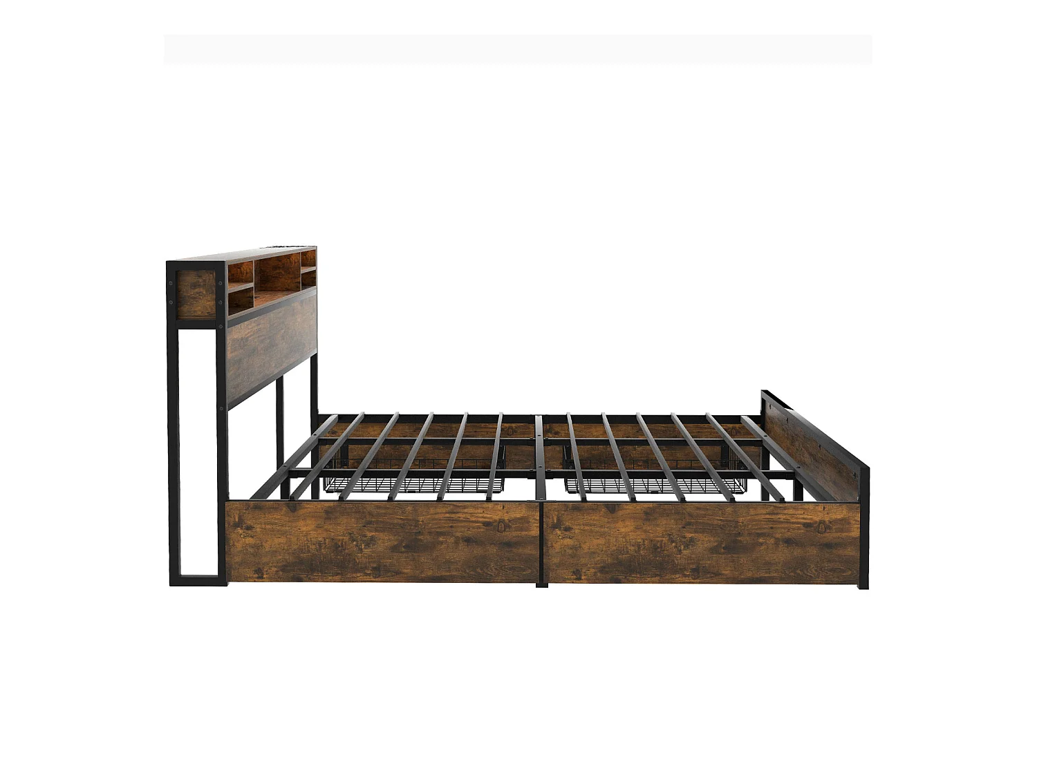 Lit adulte avec 4 tiroirs, sommier à lattes, tête de lit LED avec chargement USB et fonction rangement, MDF+métal, marron 180x200cm
