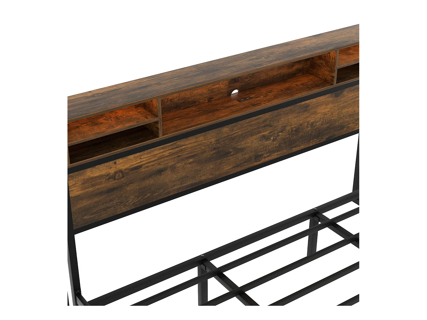 Lit adulte avec 4 tiroirs, sommier à lattes, tête de lit LED avec chargement USB et fonction rangement, MDF+métal, marron 180x200cm