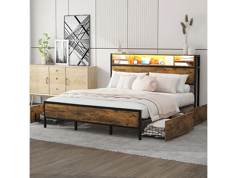 Cama de adulto com 4 gavetas, estrado de ripas, cabeceira LED com função de carregamento e arrumação USB, MDF + metal, castanho 180x200cm