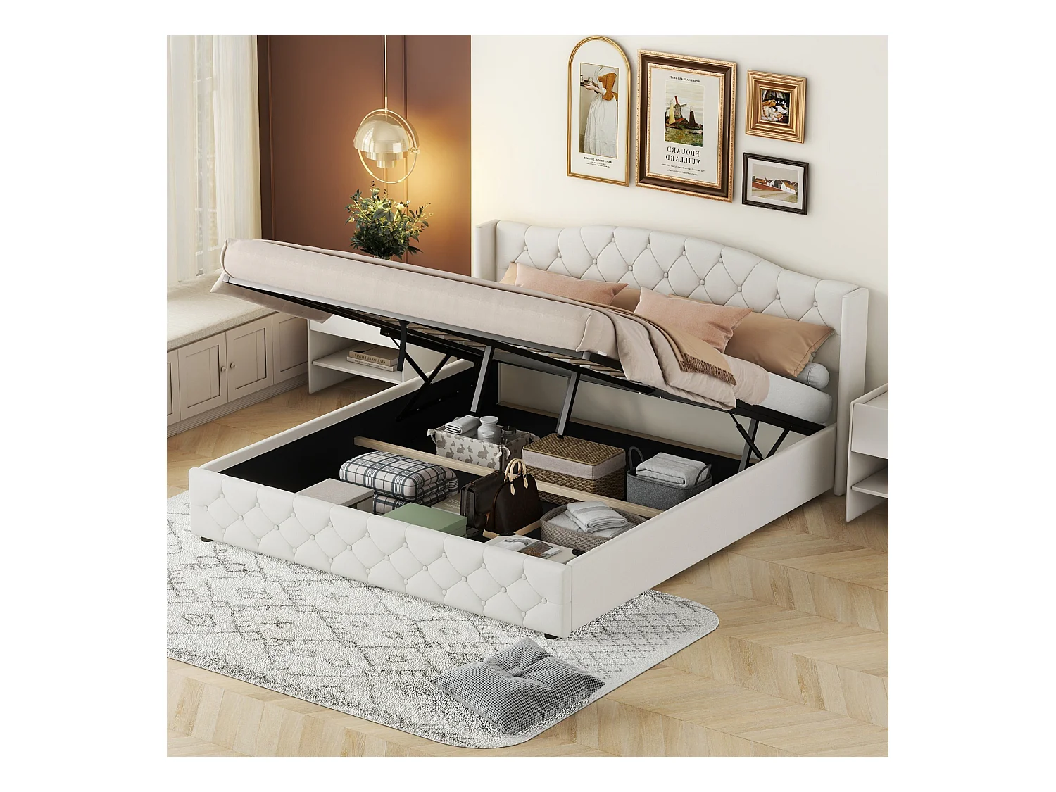 Lit coffre rembourré 180 x 200cm - lit plateforme en lin Système de levage hydraulique sous le coffre, Support à lattes en bois avec tête de lit - Gris