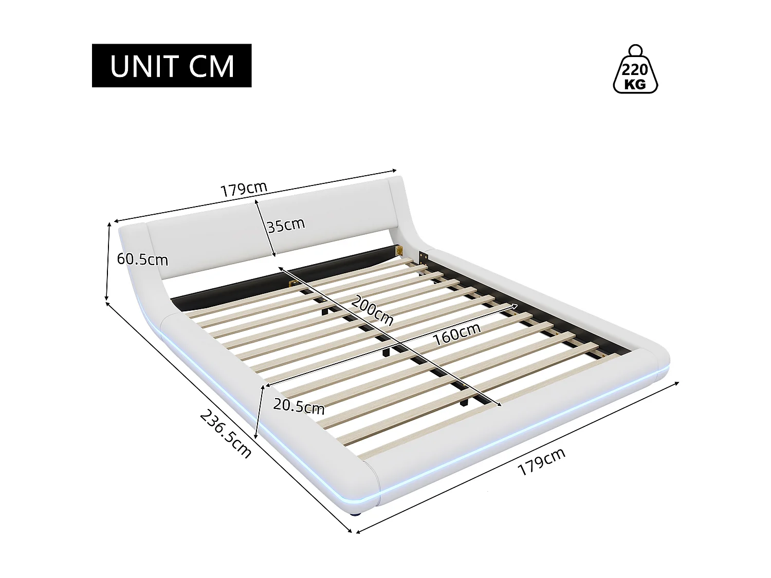 Cama para adultos 160x200cm - cama tapizada con iluminación LED, somier, cama de suelo, PU, ​​cama doble de estilo contemporáneo - blanco