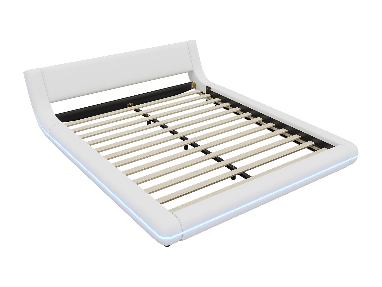 Cama adulto 160x200cm - cama estofada com iluminação LED, estrado de ripas, cama de chão, PU, ​​​​cama de casal estilo contemporâneo - branco