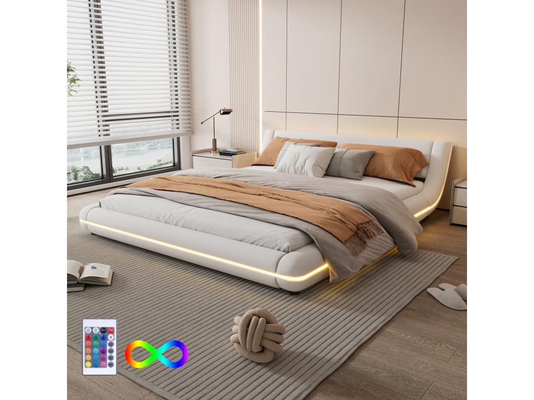 Lit adulte 160x200cm - lit rembourré avec éclairage LED, sommier à lattes, lit au sol, PU, ​​style contemporain lit double - blanc