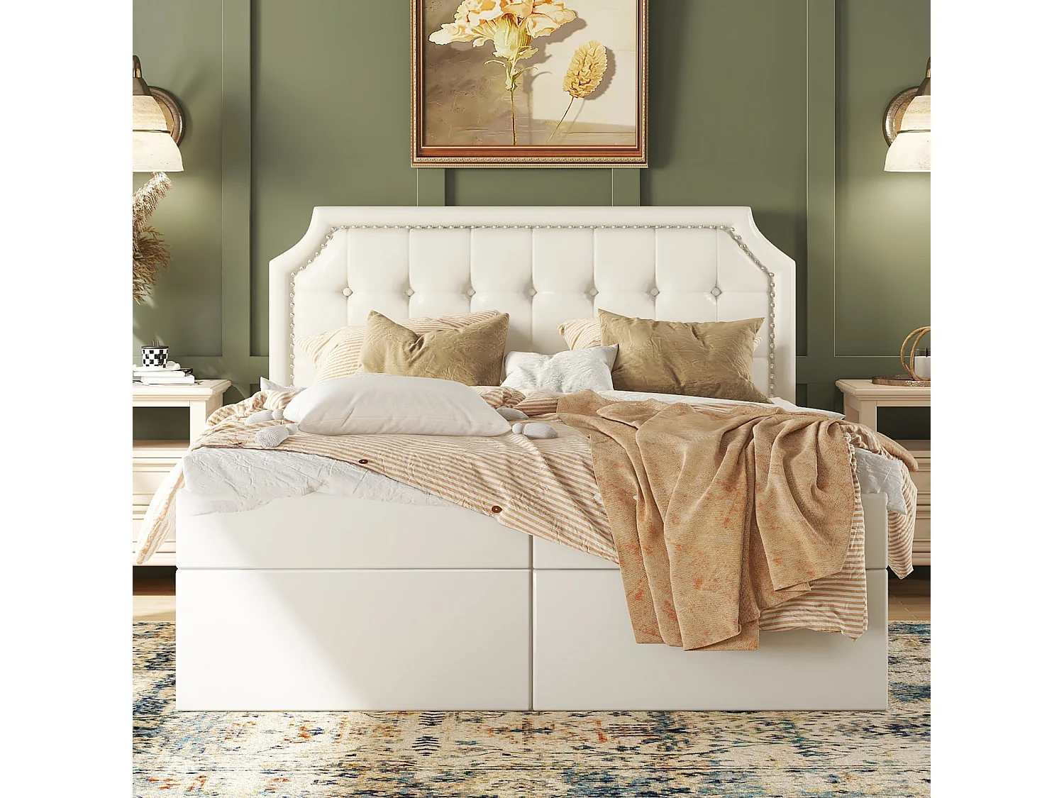 Gestoffeerd bed 140x200cm, tweepersoonsbed met lattenbodem in metalen structuur, grote opbergruimte, aan beide zijden open, wit