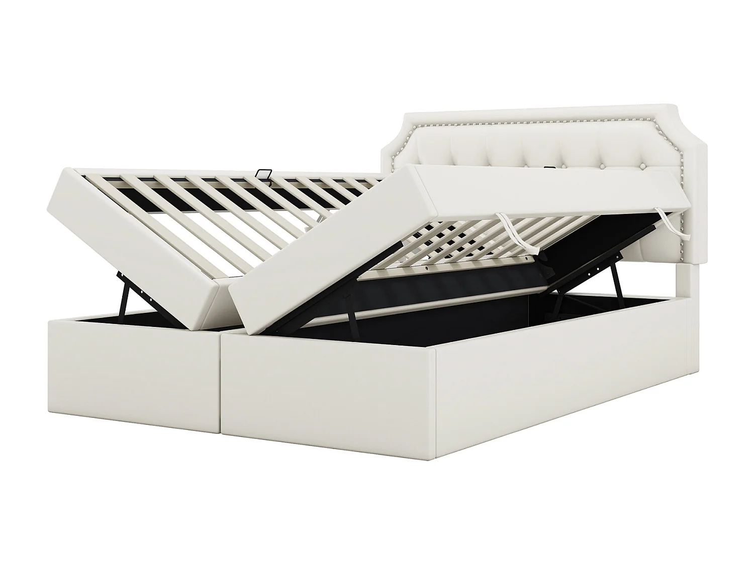 Gestoffeerd bed 140x200cm, tweepersoonsbed met lattenbodem in metalen structuur, grote opbergruimte, aan beide zijden open, wit