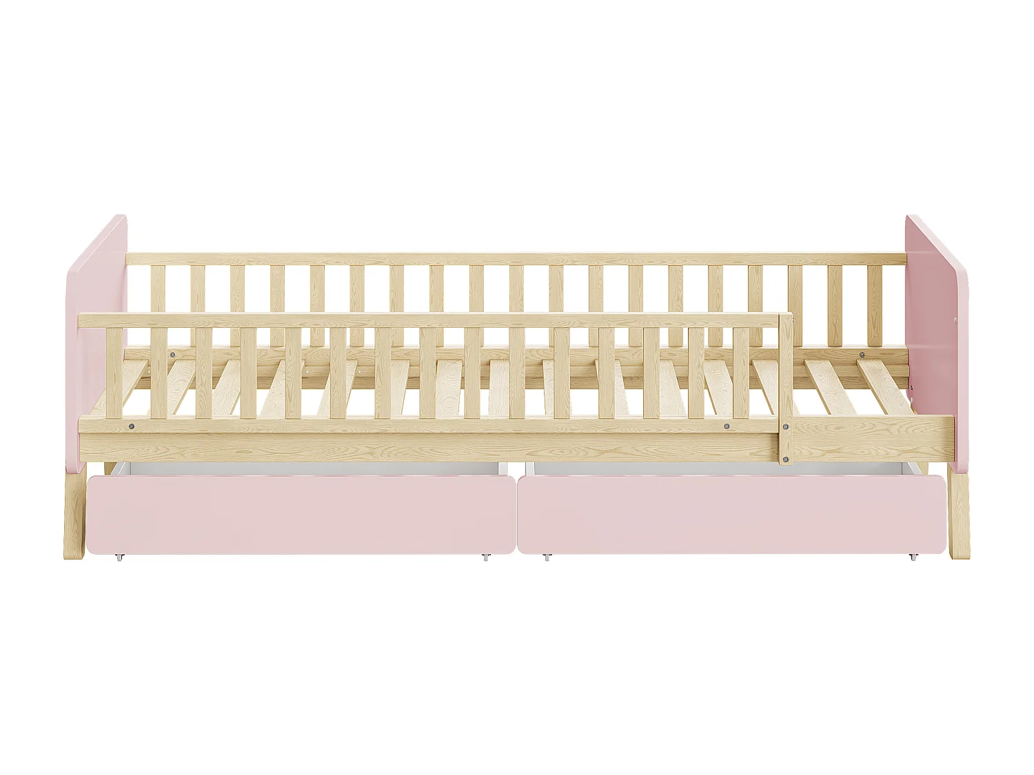 Lit simple enfant 90x190 avec 2 tiroirs, lit simple en bois massif avec sommier à lattes, rose
