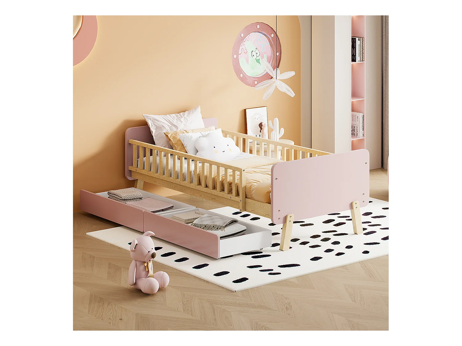 Lit simple enfant 90x190 avec 2 tiroirs, lit simple en bois massif avec sommier à lattes, rose