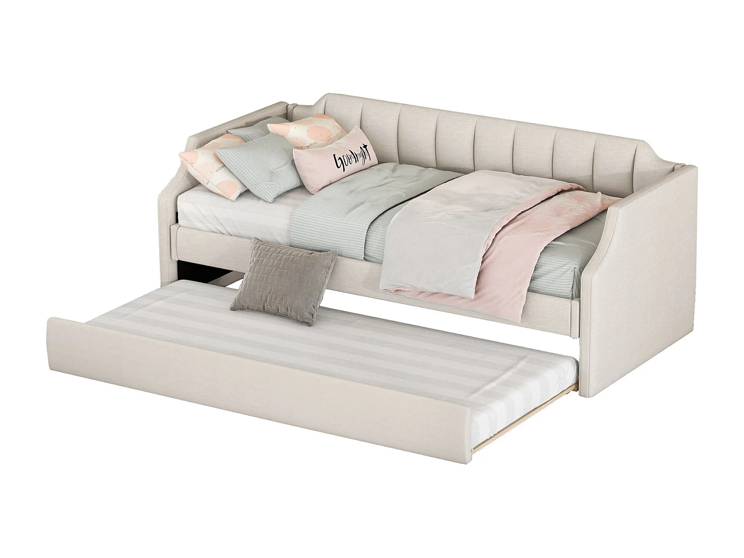 Cama nido 90x200cm+90x190cm - Sofá cama extensible con somieres de láminas de madera, sin colchón - Lino Beige