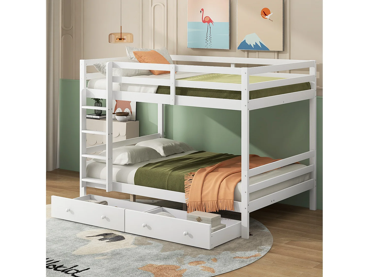 Letto a castello 140x200 cm, letto per bambini con 2 cassetti, scaletta, sponda alta, bianco