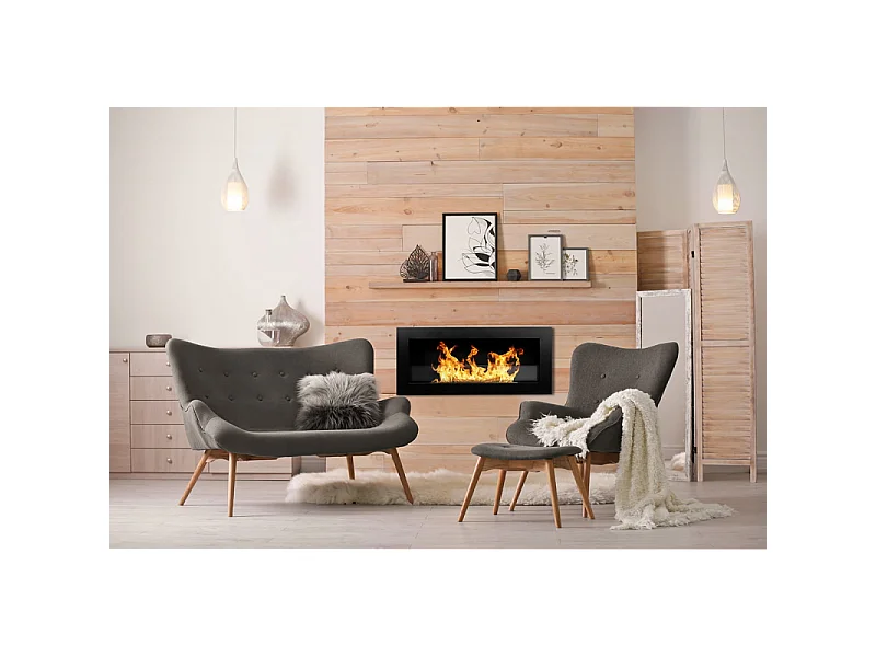 Wand- oder Einbau-Bioethanolkamin Livorno Nero L 90 x T 12 x H 40 mit Glas