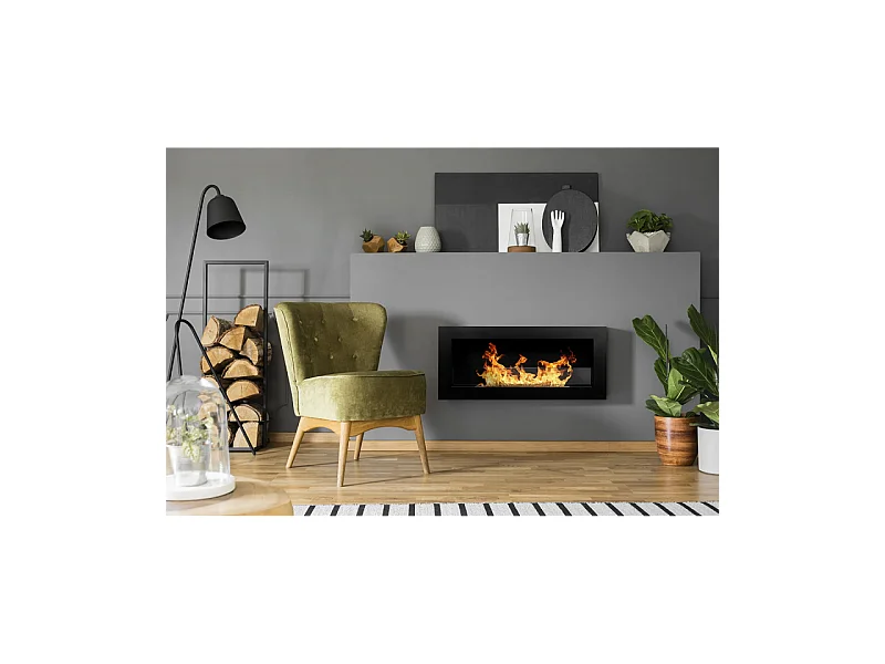 Cheminée bioéthanol murale ou encastrable Livorno Nero L 90 x P 12 x H 40 avec vitre