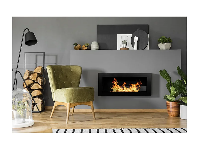 Lareira de parede ou embutida a bioetanol Livorno Nero L 90 x D 12 x H 40 com vidro