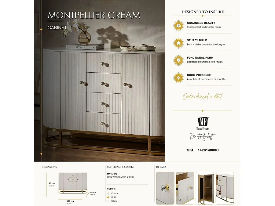 Meuble élégant 120x40x85 cm métal doré, tissu crème rembourré, plateau imitation marbre, 2 portes, 4 tiroirs
