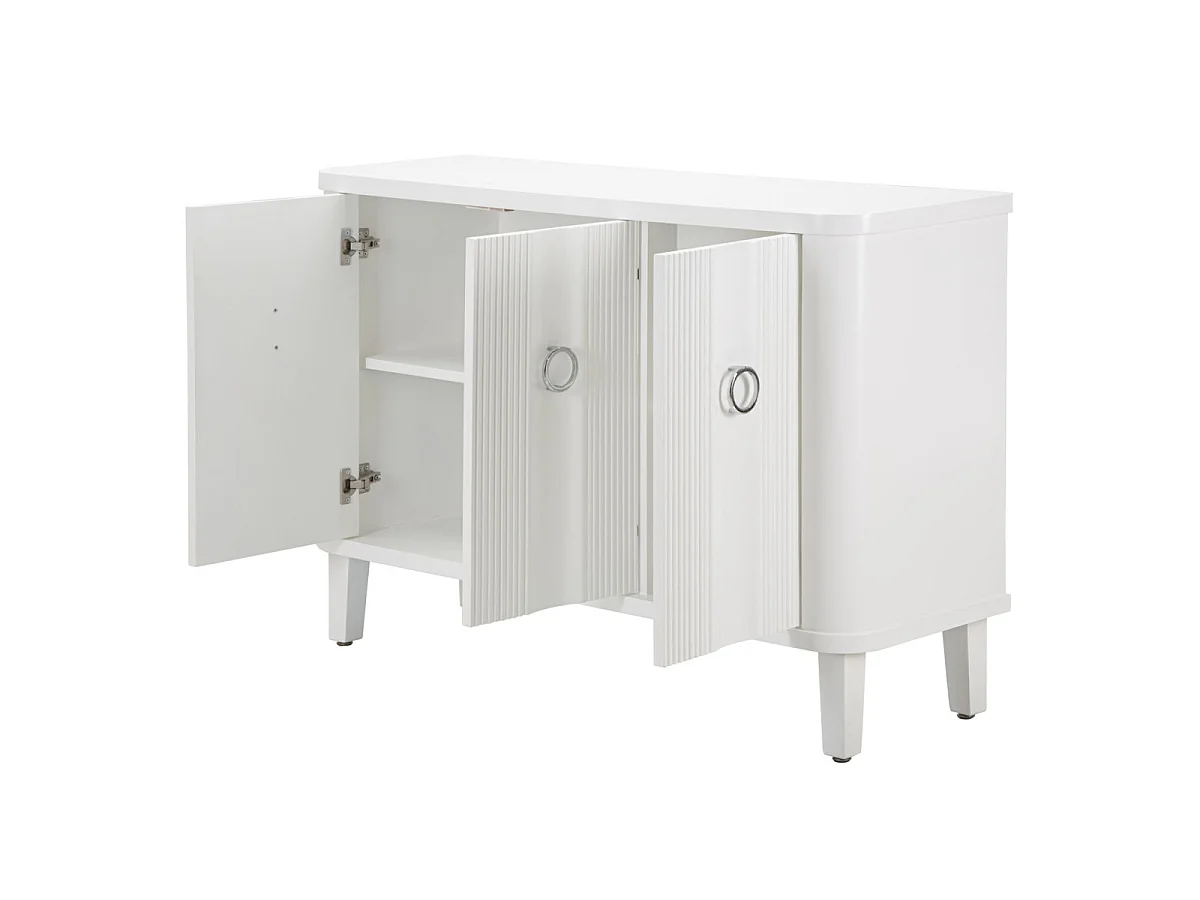 Armário branco em madeira de pinho com 3 portas 120x40x84 cm, design minimalista com puxadores de metal prateado