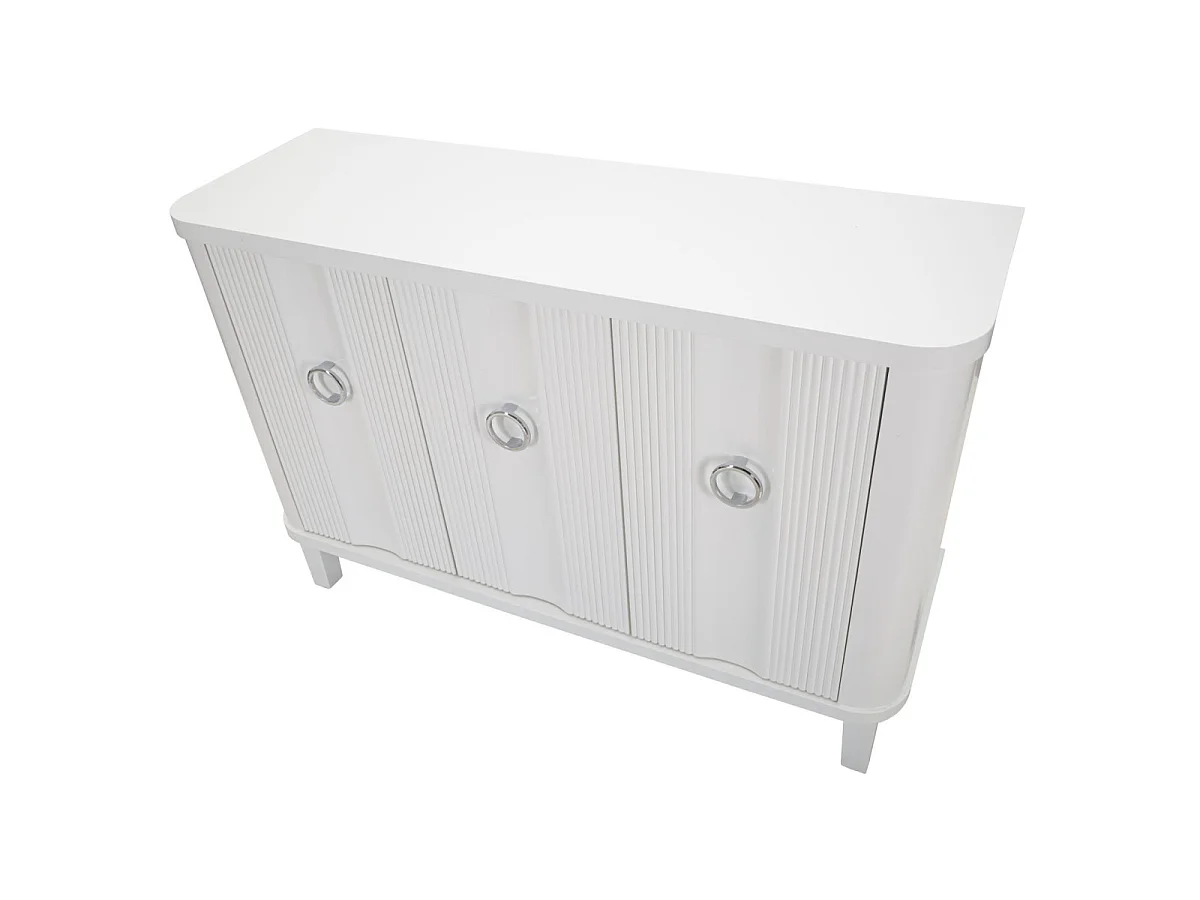 Armário branco em madeira de pinho com 3 portas 120x40x84 cm, design minimalista com puxadores de metal prateado