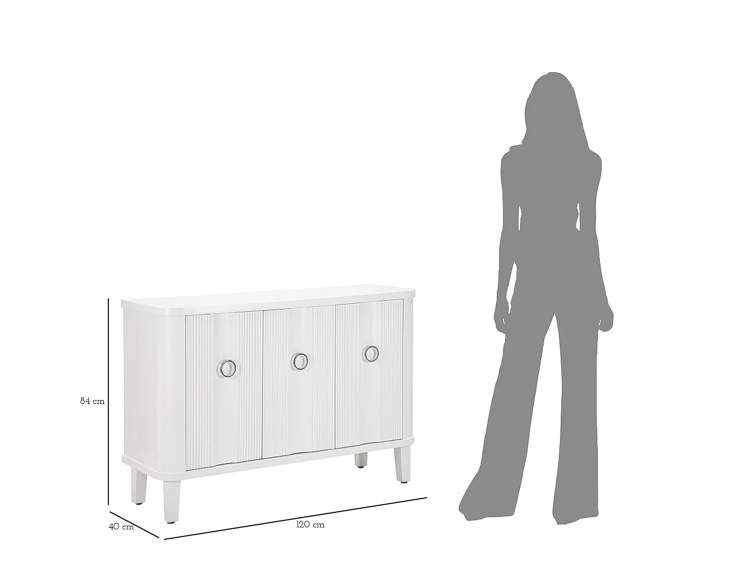 Armário branco em madeira de pinho com 3 portas 120x40x84 cm, design minimalista com puxadores de metal prateado