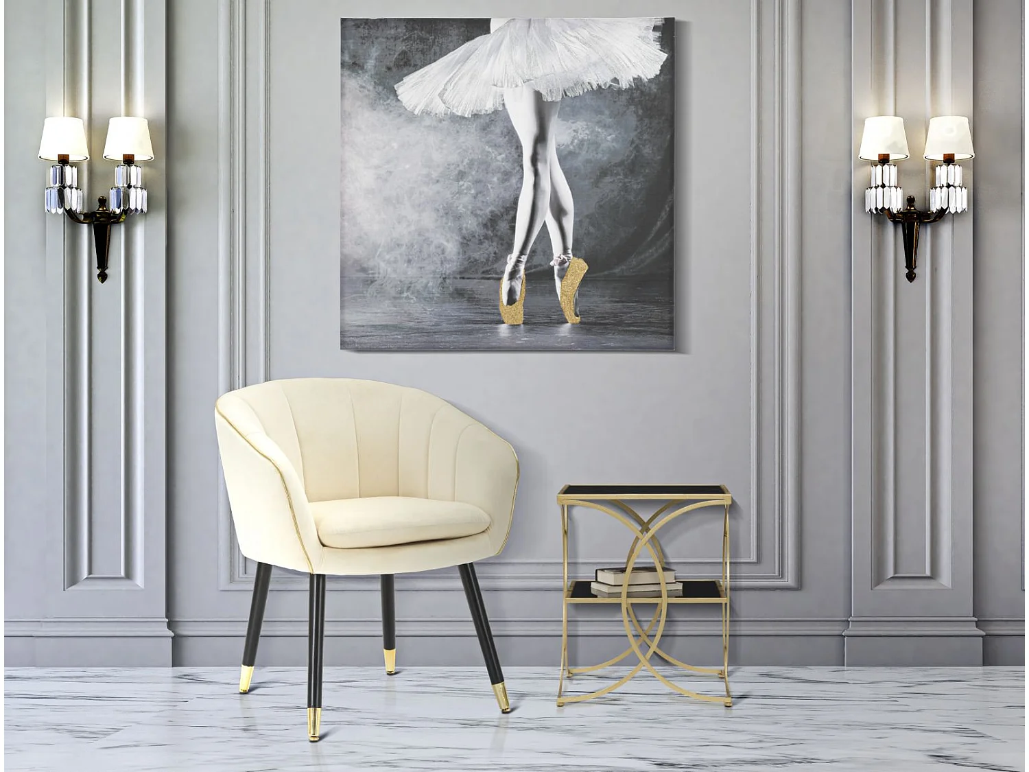 Paris Glam Crème en Goud Fauteuil - Gestoffeerde fauteuil met zwarte houten poten en gouden details, afmetingen 62x58x78 cm
