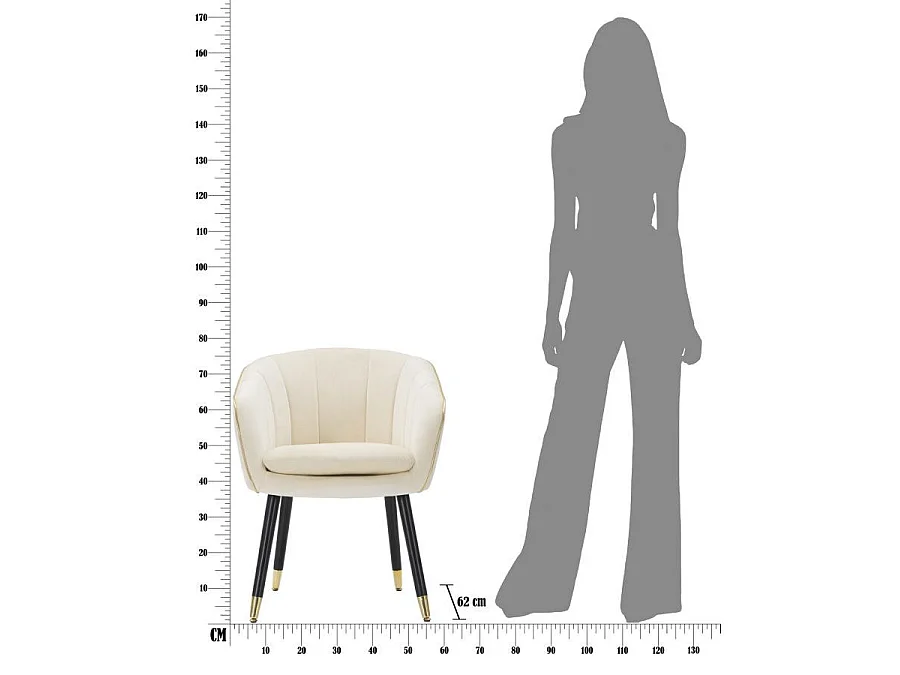 Paris Glam Crème en Goud Fauteuil - Gestoffeerde fauteuil met zwarte houten poten en gouden details, afmetingen 62x58x78 cm