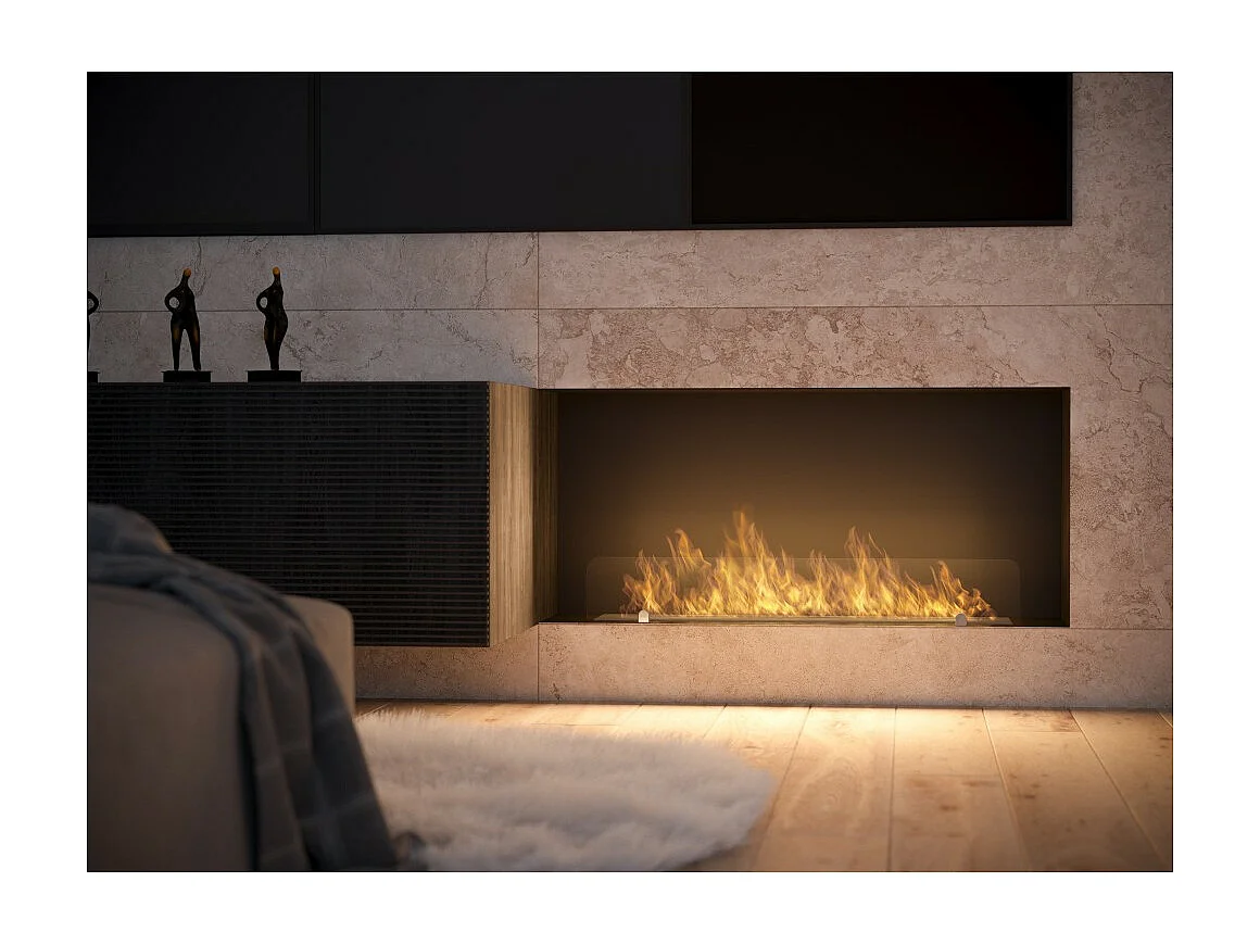 Cheminée au bioéthanol encastrable design C1000 V.1 avec vitre ouverte sur 3 côtés et brûleur de 2 litres