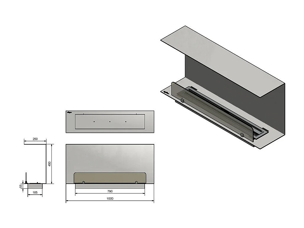 Cheminée au bioéthanol encastrable design C1000 V.1 avec vitre ouverte sur 3 côtés et brûleur de 2 litres