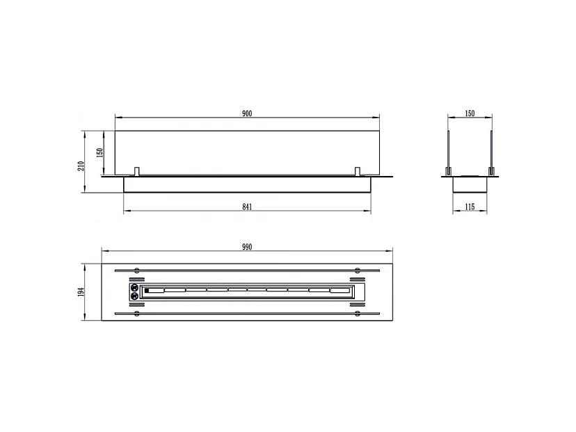 Brûleur de cheminée à bioéthanol en acier avec vitres 100x21x19,4 cm