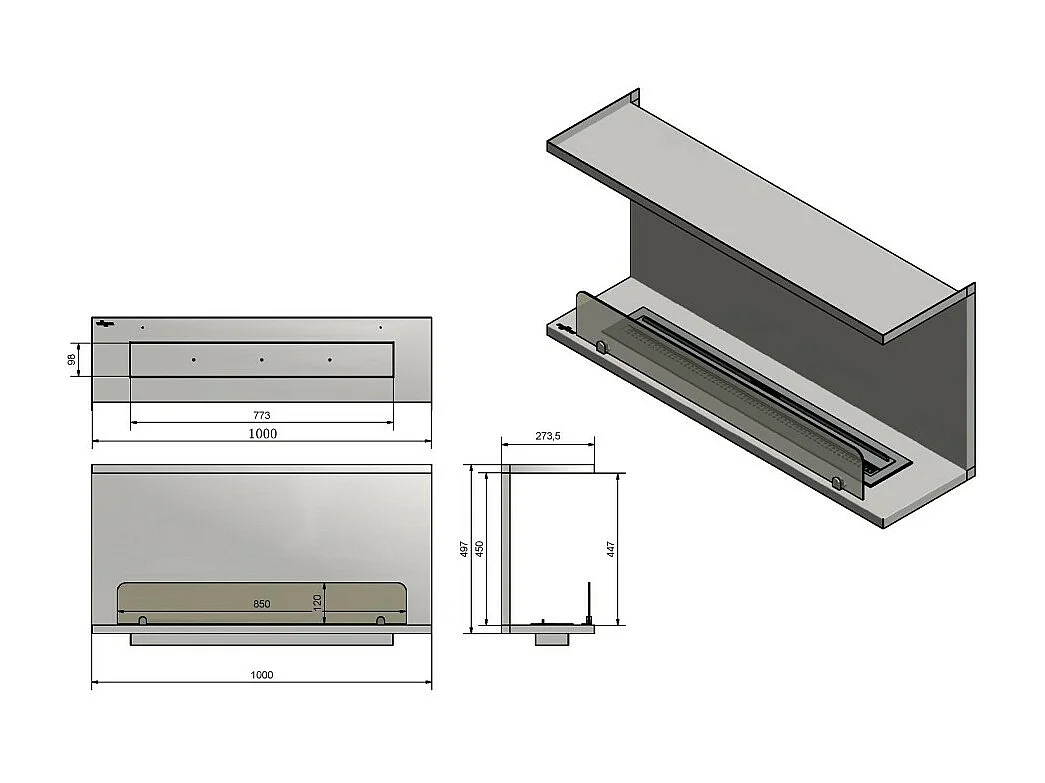 C1000 V.2 Design Bioethanol-Einbaukamin mit 3-seitig offenem Glas und 2-Liter-Brenner