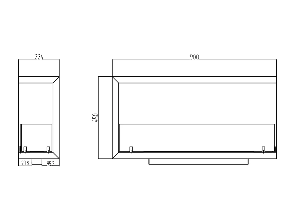 Eingebauter Bioethanol-Eckkamin 90x45 SUTRI 90 DX